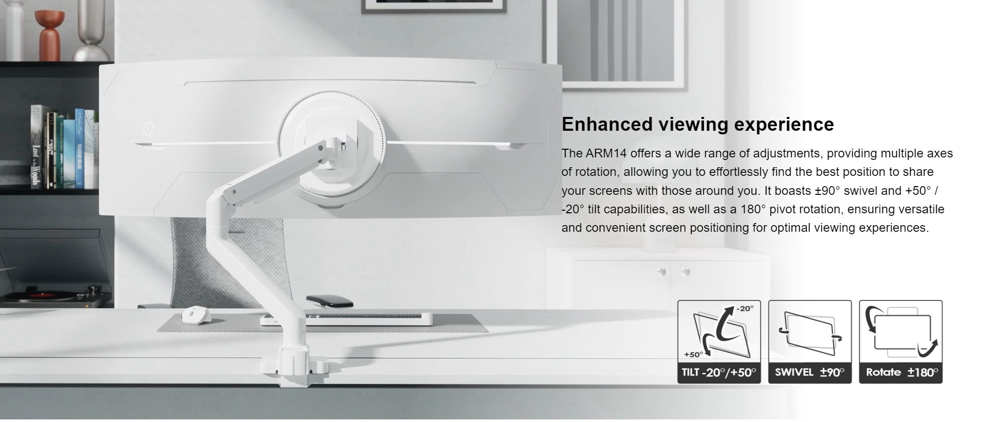 A large marketing image providing additional information about the product SilverStone ARM14 Single Monitor Arm - White - Additional alt info not provided